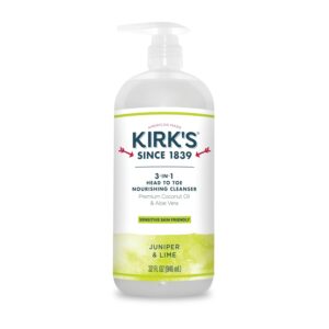 Kirk’s 3-in-1 Castile Liquid Soap Head-to-Toe Clean Shampoo, Face Soap & Body Wash for Men, Women & Children | Coconut Oil + Aloe Vera | Juniper & Lime Scent | 32 Fl Oz. Pump Bottle